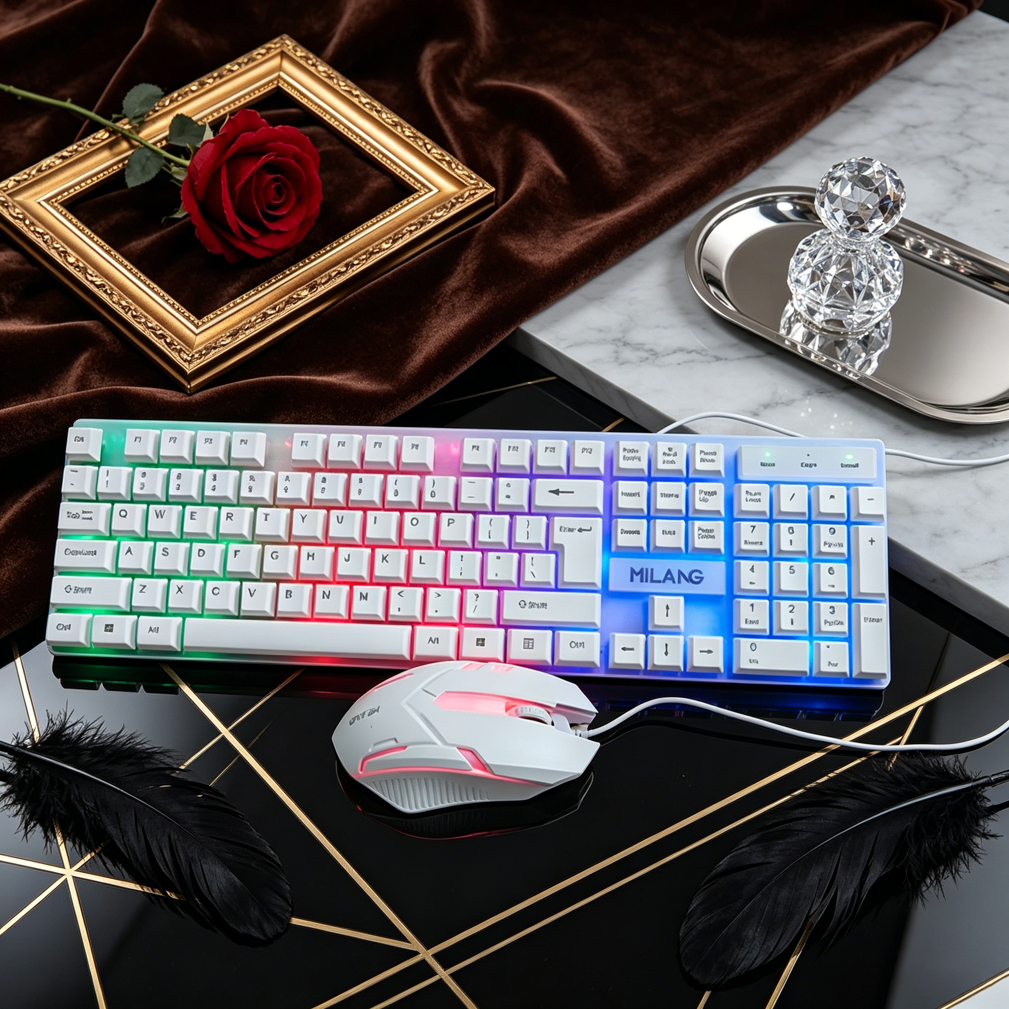 Desk Setup Gaming And Work - Wired RGB Backlit Keyboard Mouse Set,Ergonomic
