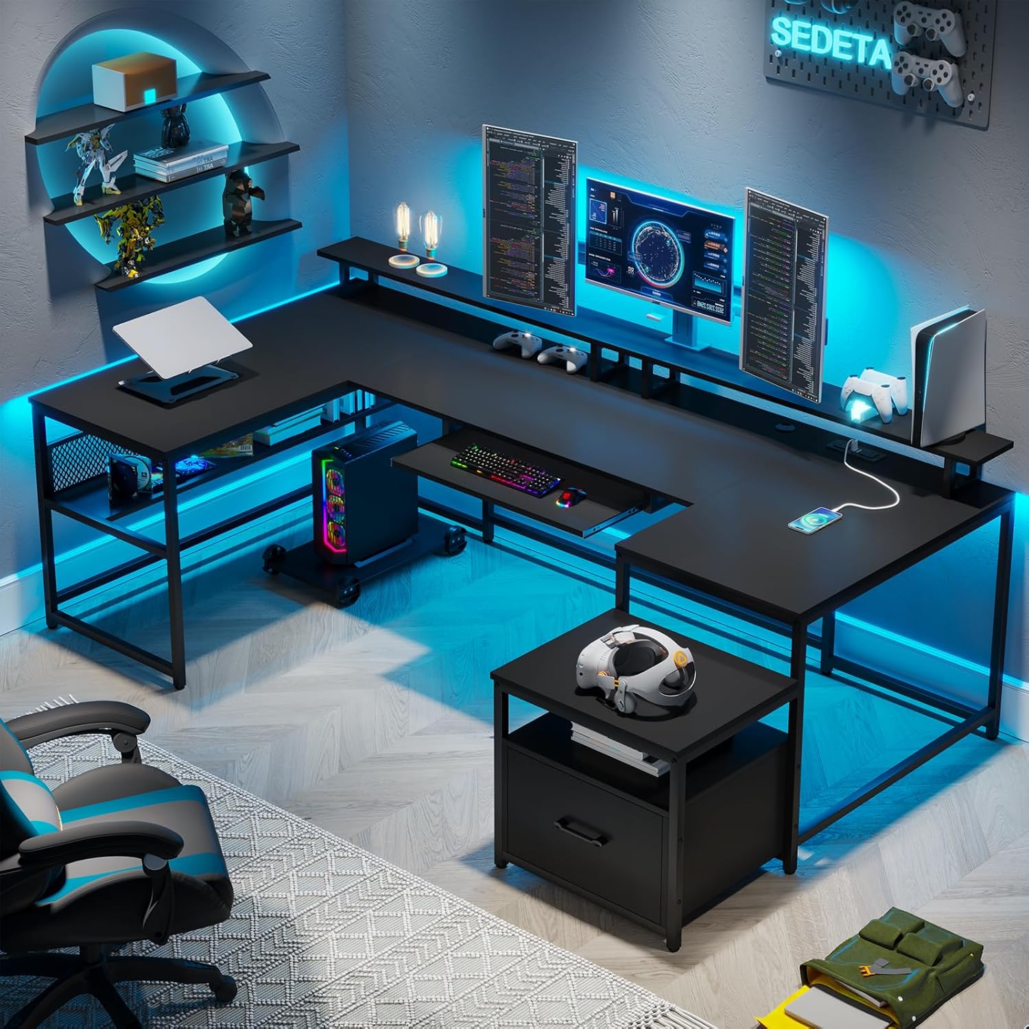 Gaming Setup Desk - U Shaped Desk,101.5''Reversible L Shaped Home