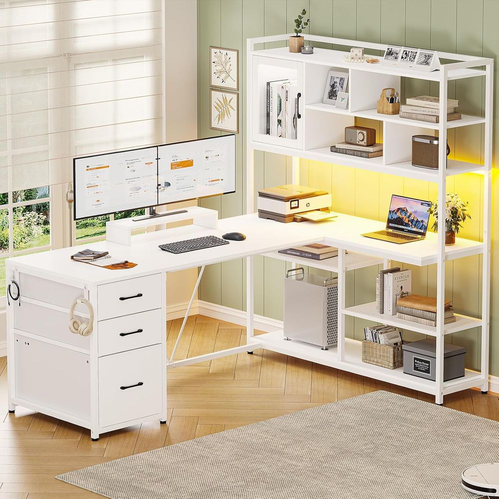 Gaming Setup Desk - 58 L-Shaped Desk with 3 Drawers,