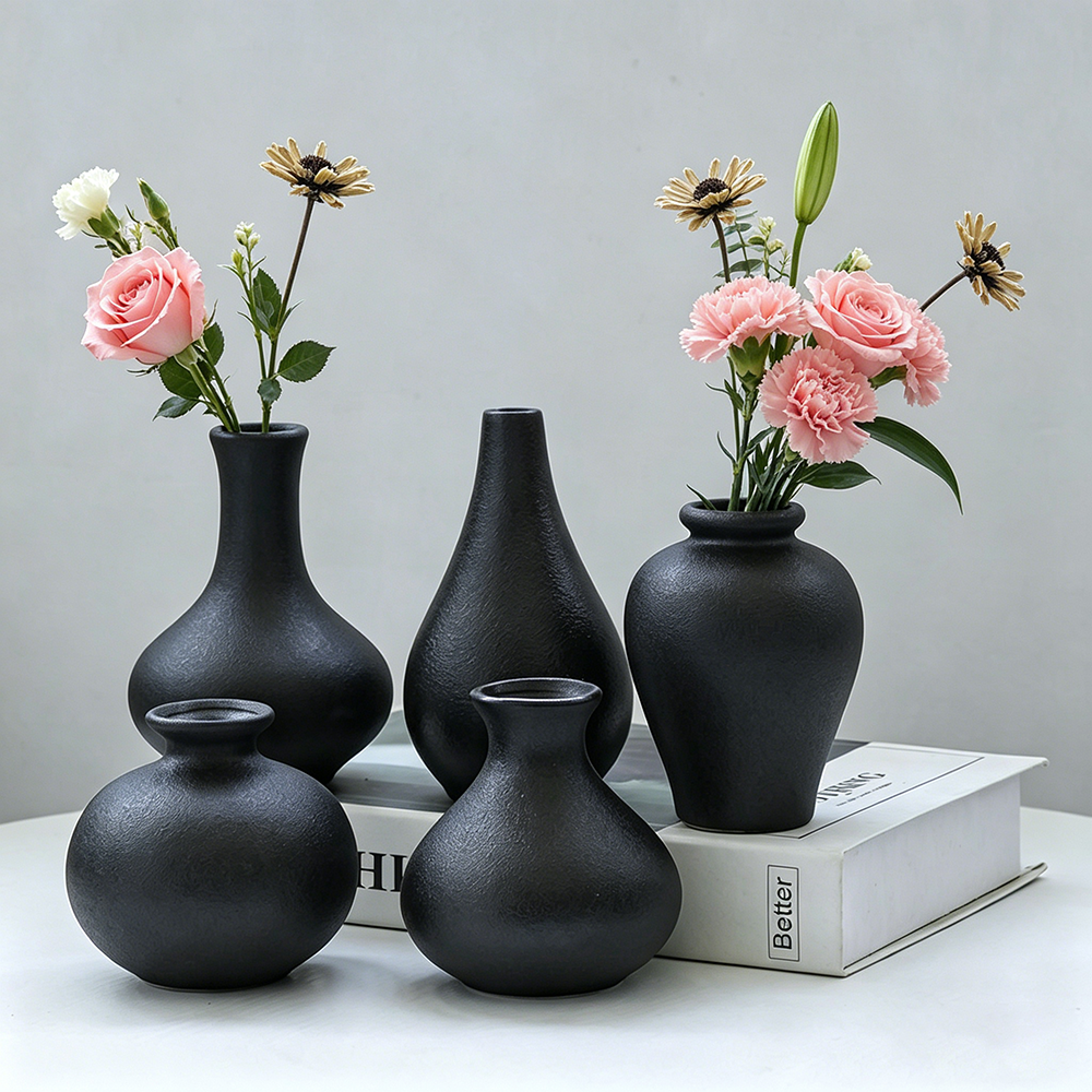 Desk Setup Minimalist - 5Pcs Black Ceramic Vase Set Modern