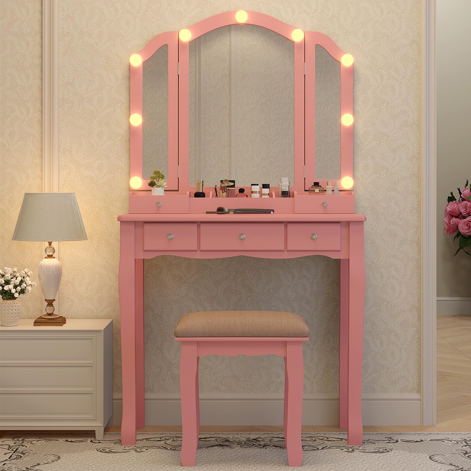 Pink Makeup Vanity Desk with M - đánh giá và giá Desk Vanity Setup