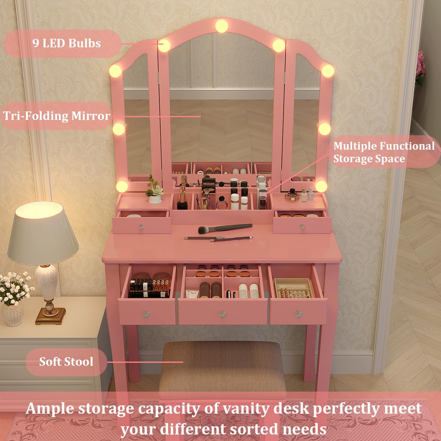 Pink Makeup Vanity Desk with M - đánh giá và giá Desk Vanity Setup