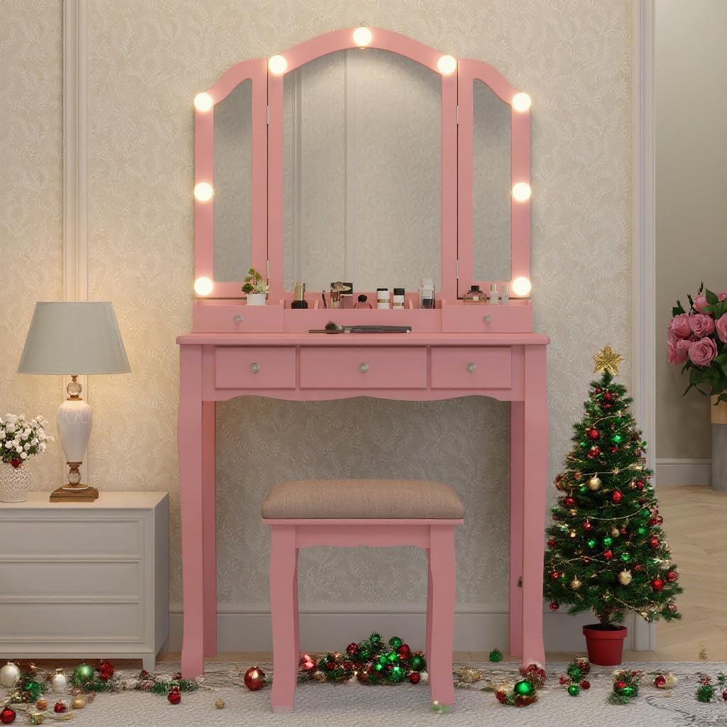 Pink Makeup Vanity Desk with M - đánh giá và giá Desk Vanity Setup