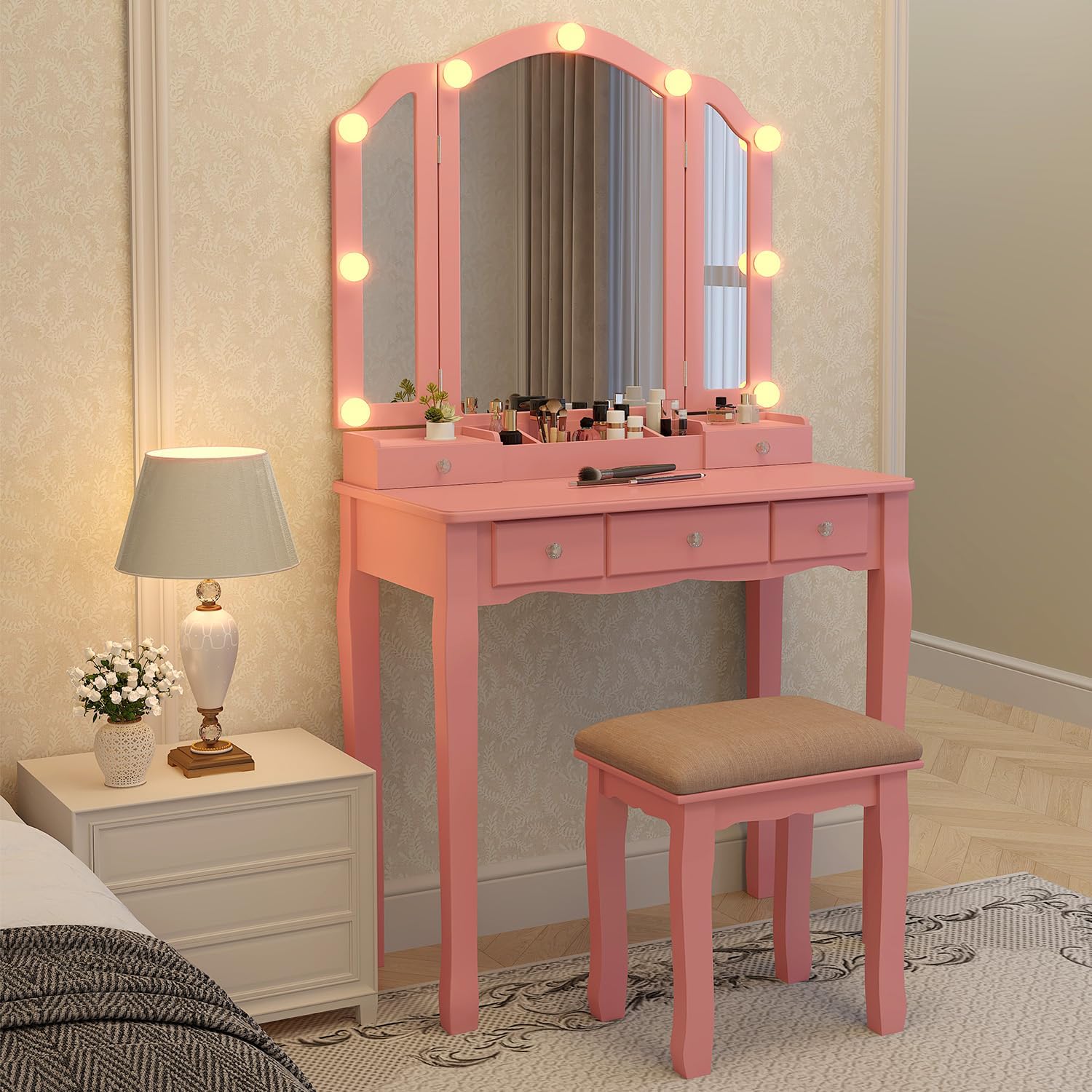 Pink Makeup Vanity Desk with M - đánh giá và giá Desk Vanity Setup
