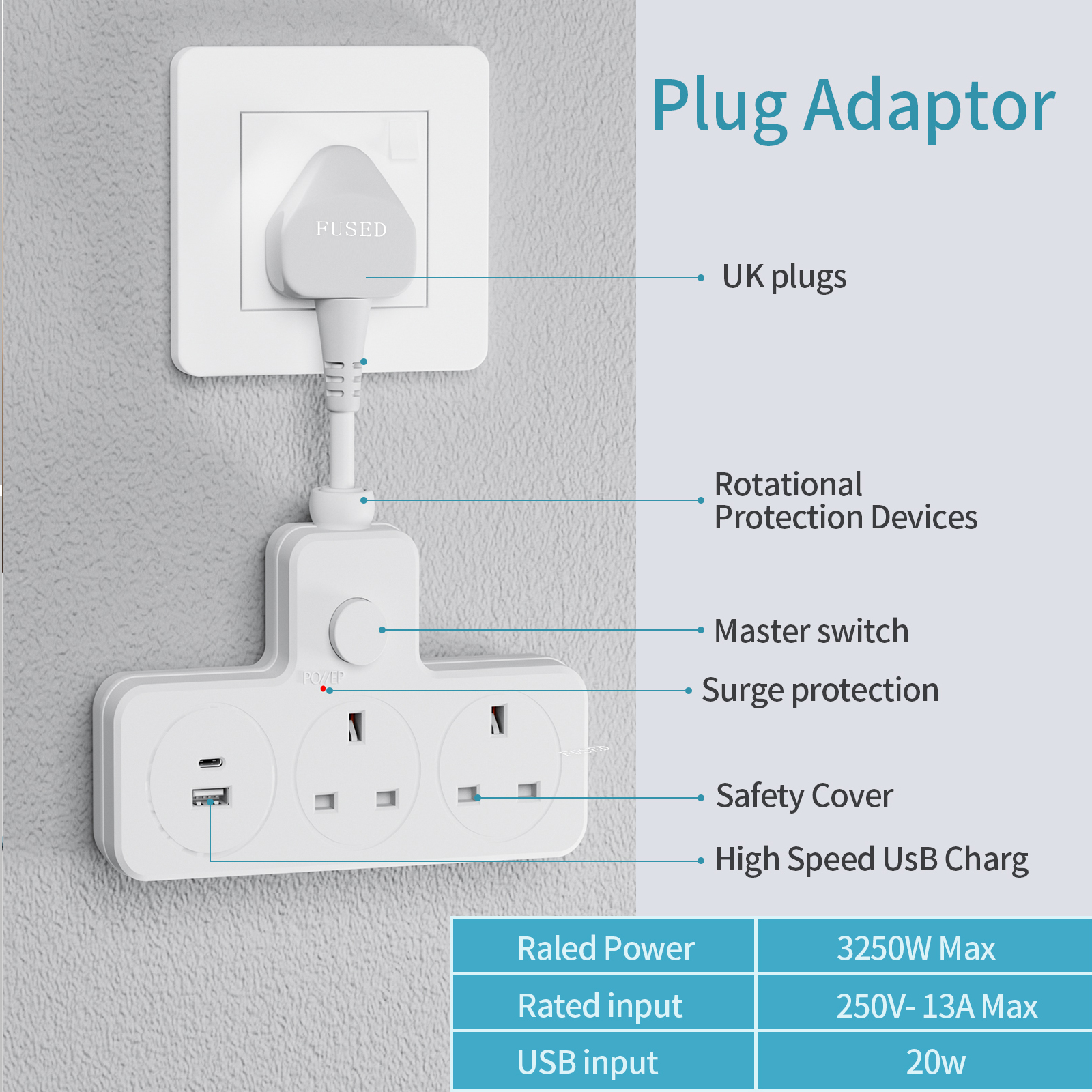 UK Power Plug Wall Outlet 13A  - đánh giá và giá Power Strip Flat