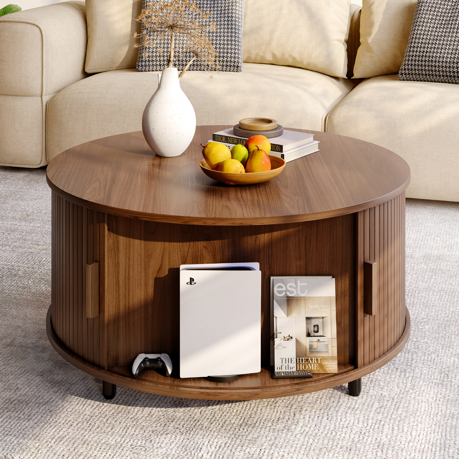 Round Coffee Table with Storag - đánh giá và giá Desk Setup Minimalist