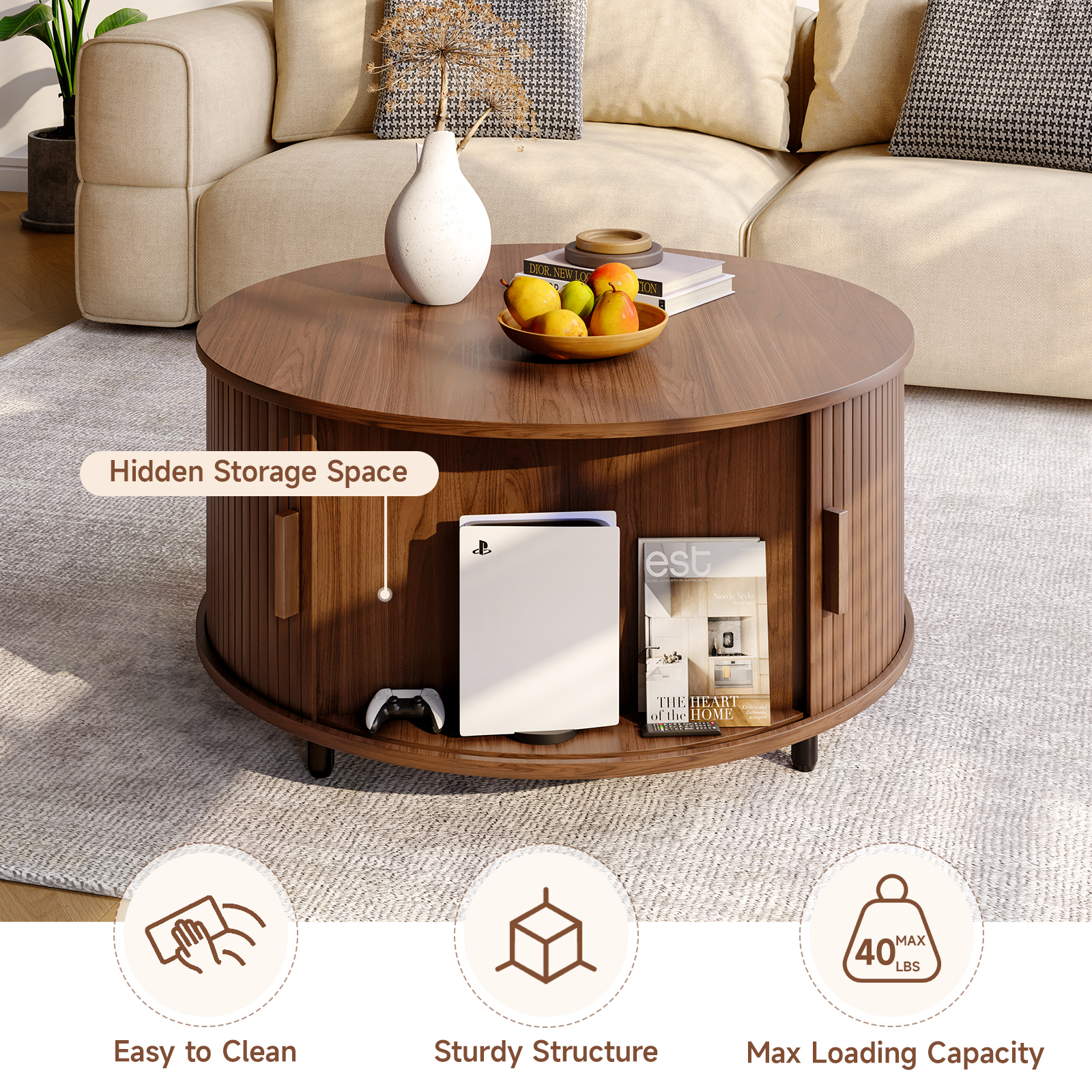 Round Coffee Table with Storag - đánh giá và giá Desk Setup Minimalist